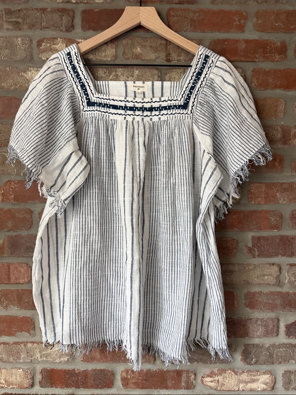 World Market White and Navy Striped Embroidered Square-Neck Tunic